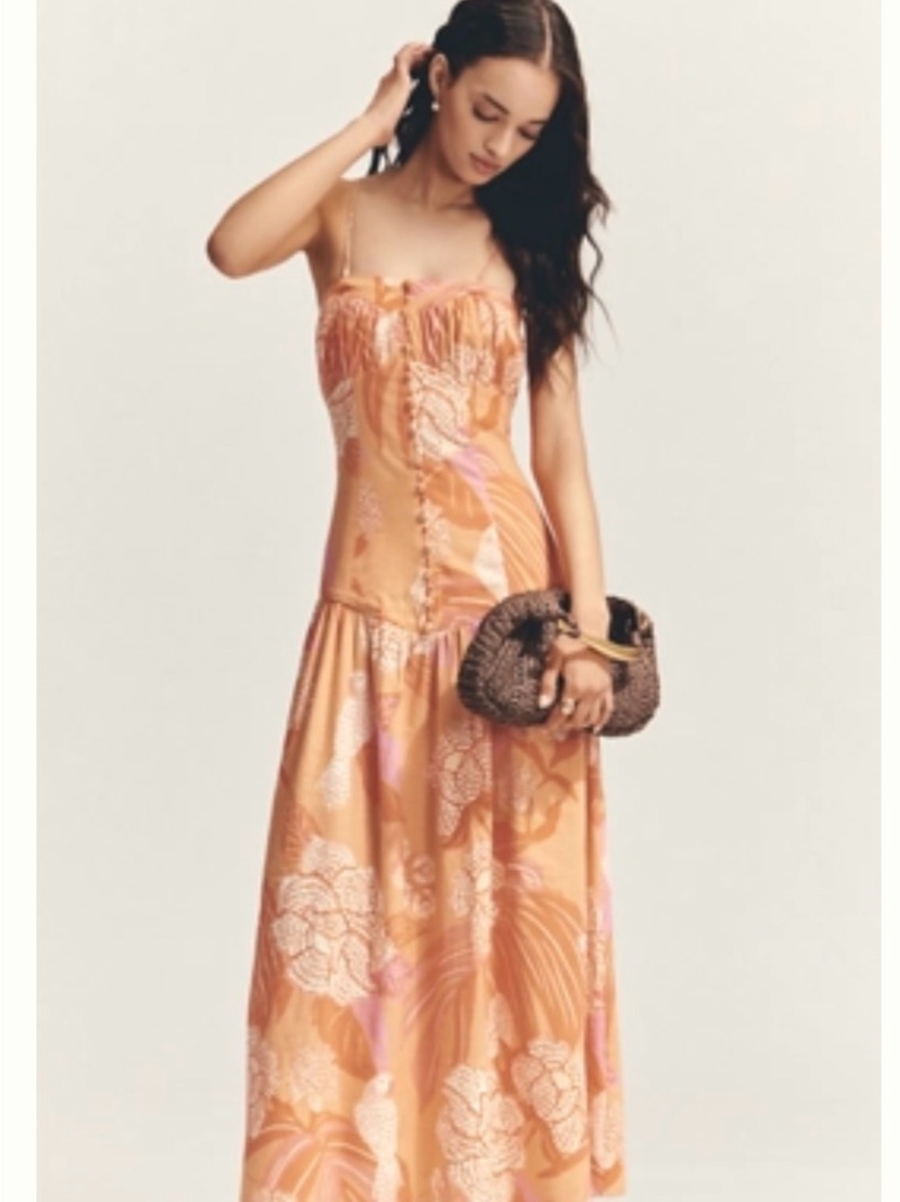 FARM Rio x Anthropologie Peach & Pink Floral Spaghetti-Strap Maxi Dress